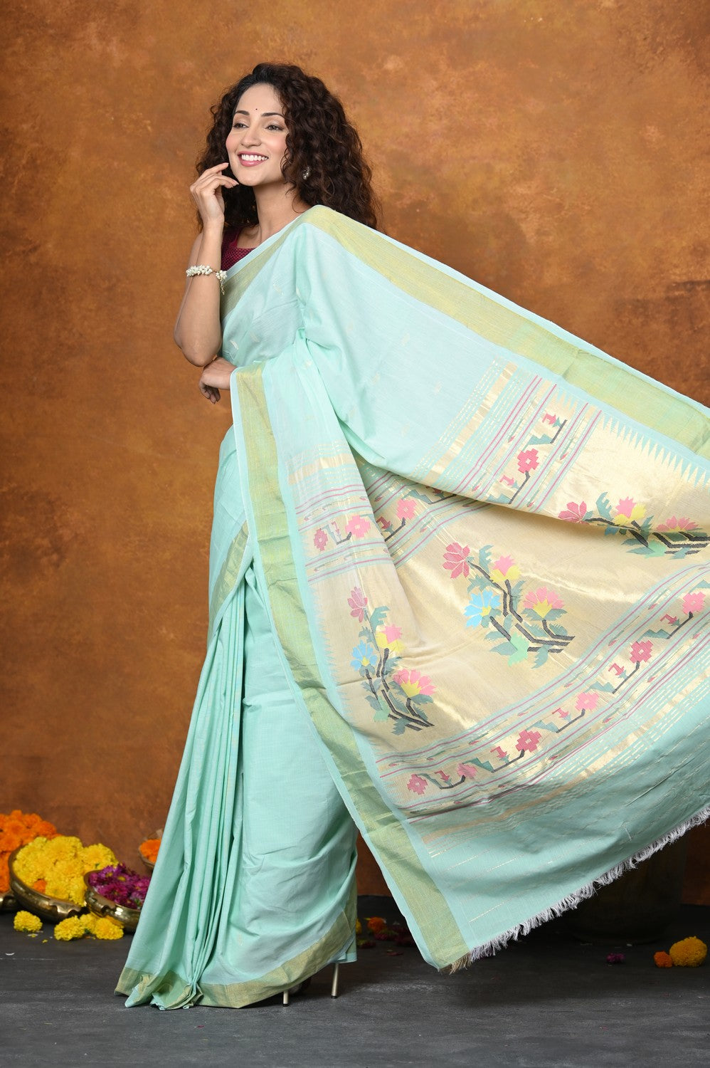 Very Much Indian EXCLUSIVE! Handloom Pure Cotton Paithani With Asawali Pallu - Light Blue | Grocsy