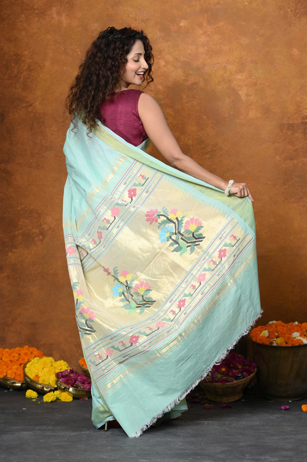 Very Much Indian EXCLUSIVE! Handloom Pure Cotton Paithani With Asawali Pallu - Light Blue | Grocsy
