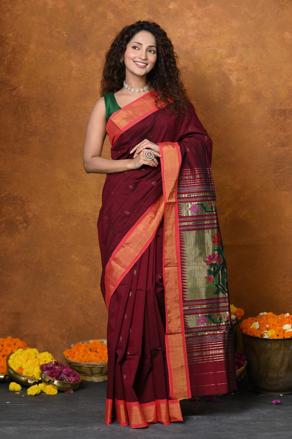 Very Much Indian EXCLUSIVE! Handloom Pure Cotton Paithani With Asawali Pallu - Dark Maroon | Grocsy