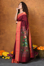 Very Much Indian EXCLUSIVE! Handloom Pure Cotton Paithani With Asawali Pallu - Dark Maroon | Grocsy