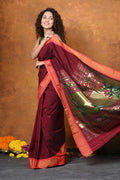 Very Much Indian EXCLUSIVE! Handloom Pure Cotton Paithani With Asawali Pallu - Dark Maroon | Grocsy
