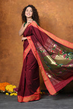 Very Much Indian EXCLUSIVE! Handloom Pure Cotton Paithani With Asawali Pallu - Dark Maroon | Grocsy
