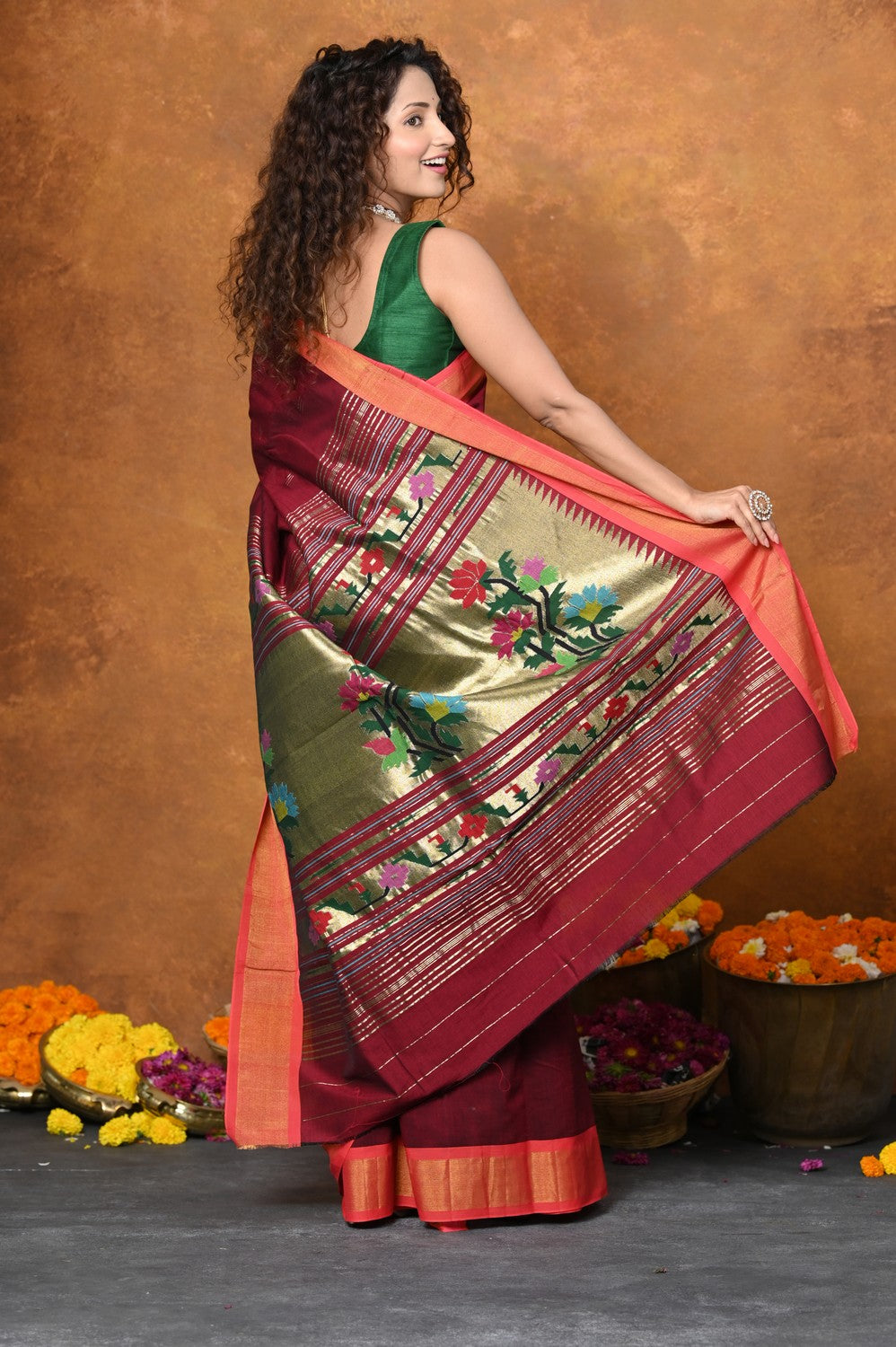 Very Much Indian EXCLUSIVE! Handloom Pure Cotton Paithani With Asawali Pallu - Dark Maroon | Grocsy