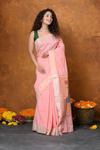 Very Much Indian EXCLUSIVE! Handloom Pure Cotton Paithani With Peacock Pallu - Fresh Peach | Grocsy