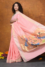 Very Much Indian EXCLUSIVE! Handloom Pure Cotton Paithani With Peacock Pallu - Fresh Peach | Grocsy