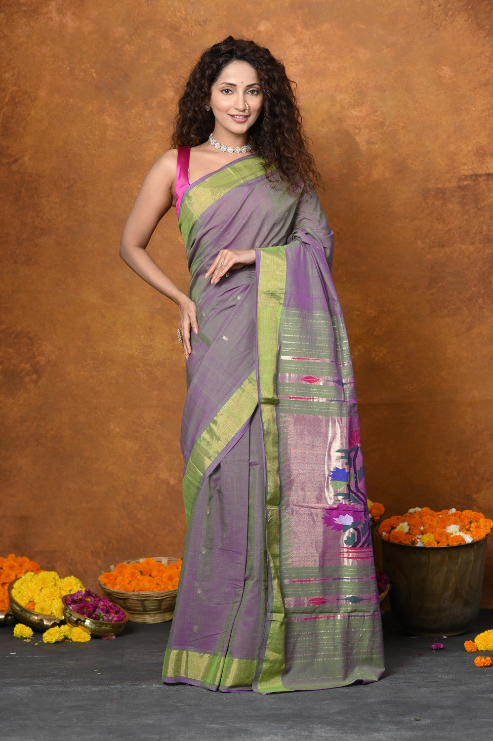 Very Much Indian EXCLUSIVE! Handloom Pure Cotton Paithani With Traditional Asawali Pallu - Dual Tone Green & Pink | Grocsy