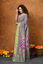 Very Much Indian EXCLUSIVE! Handloom Pure Cotton Paithani With Traditional Asawali Pallu - Dual Tone Green & Pink | Grocsy