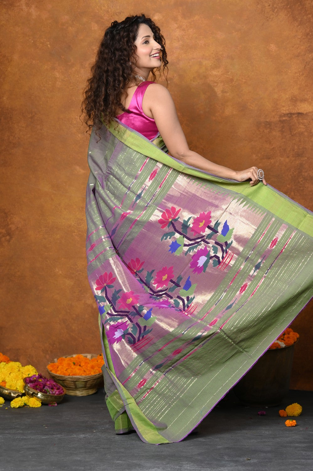 Very Much Indian EXCLUSIVE! Handloom Pure Cotton Paithani With Traditional Asawali Pallu - Dual Tone Green & Pink | Grocsy