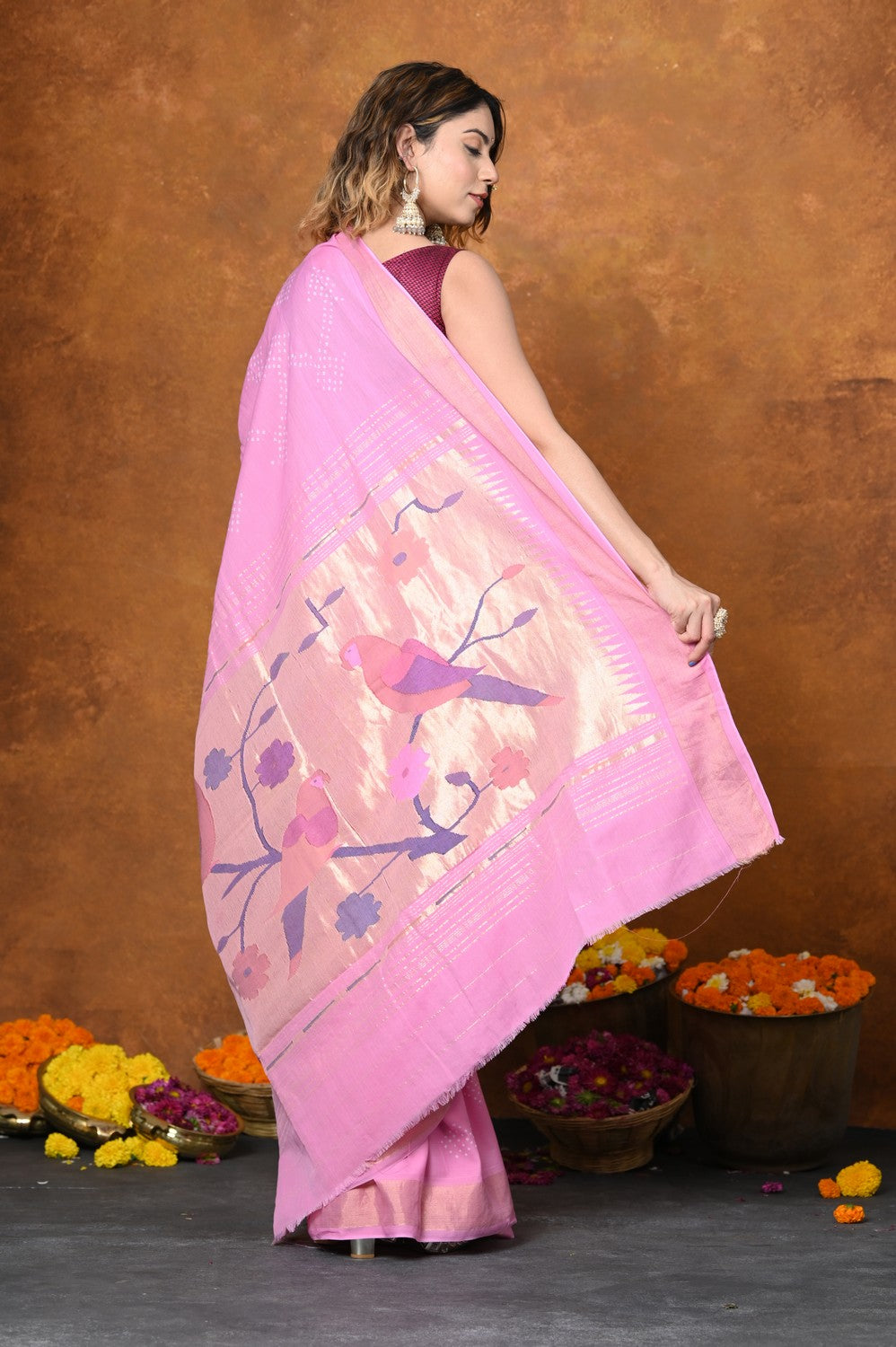 Very Much Indian EXCLUSIVE! Handloom Pure Cotton Paithani With Hand bandhani Work and Traditional Parrot Pallu | Grocsy