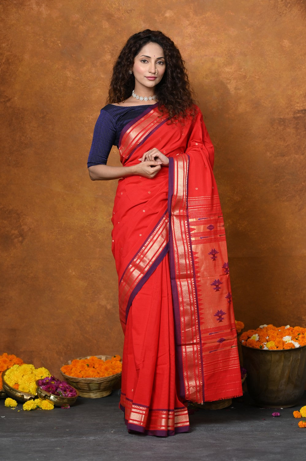 Very Much Indian EXCLUSIVE! Handloom Pure Cotton Paithani With Narayali Border & Traditional Heritage Asawali Pallu - Red | Grocsy