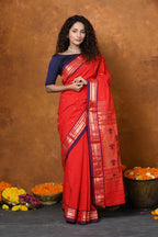 Very Much Indian EXCLUSIVE! Handloom Pure Cotton Paithani With Narayali Border & Traditional Heritage Asawali Pallu - Red | Grocsy