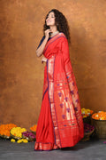 Very Much Indian EXCLUSIVE! Handloom Pure Cotton Paithani With Narayali Border & Traditional Heritage Asawali Pallu - Red | Grocsy