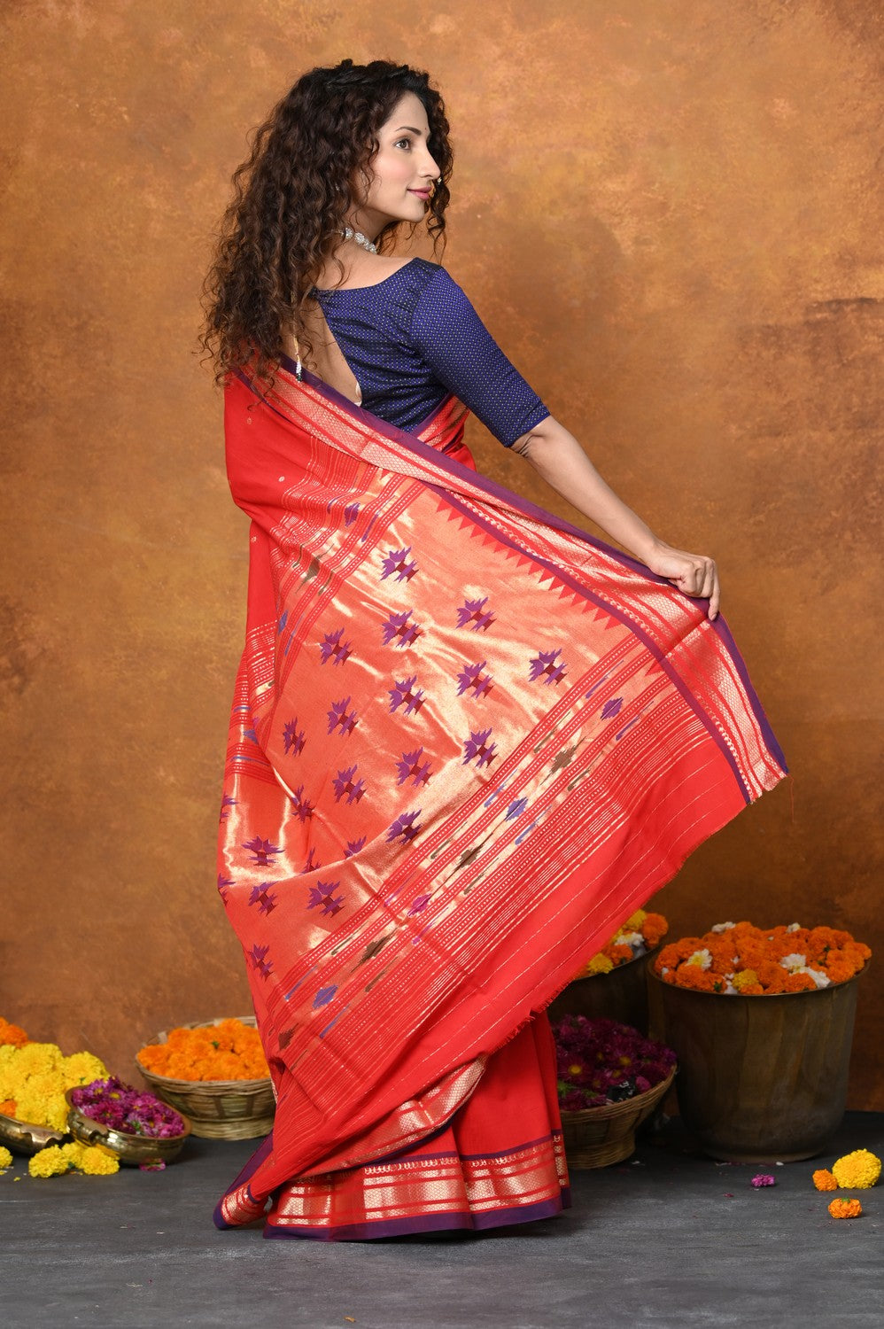 Very Much Indian EXCLUSIVE! Handloom Pure Cotton Paithani With Narayali Border & Traditional Heritage Asawali Pallu - Red | Grocsy