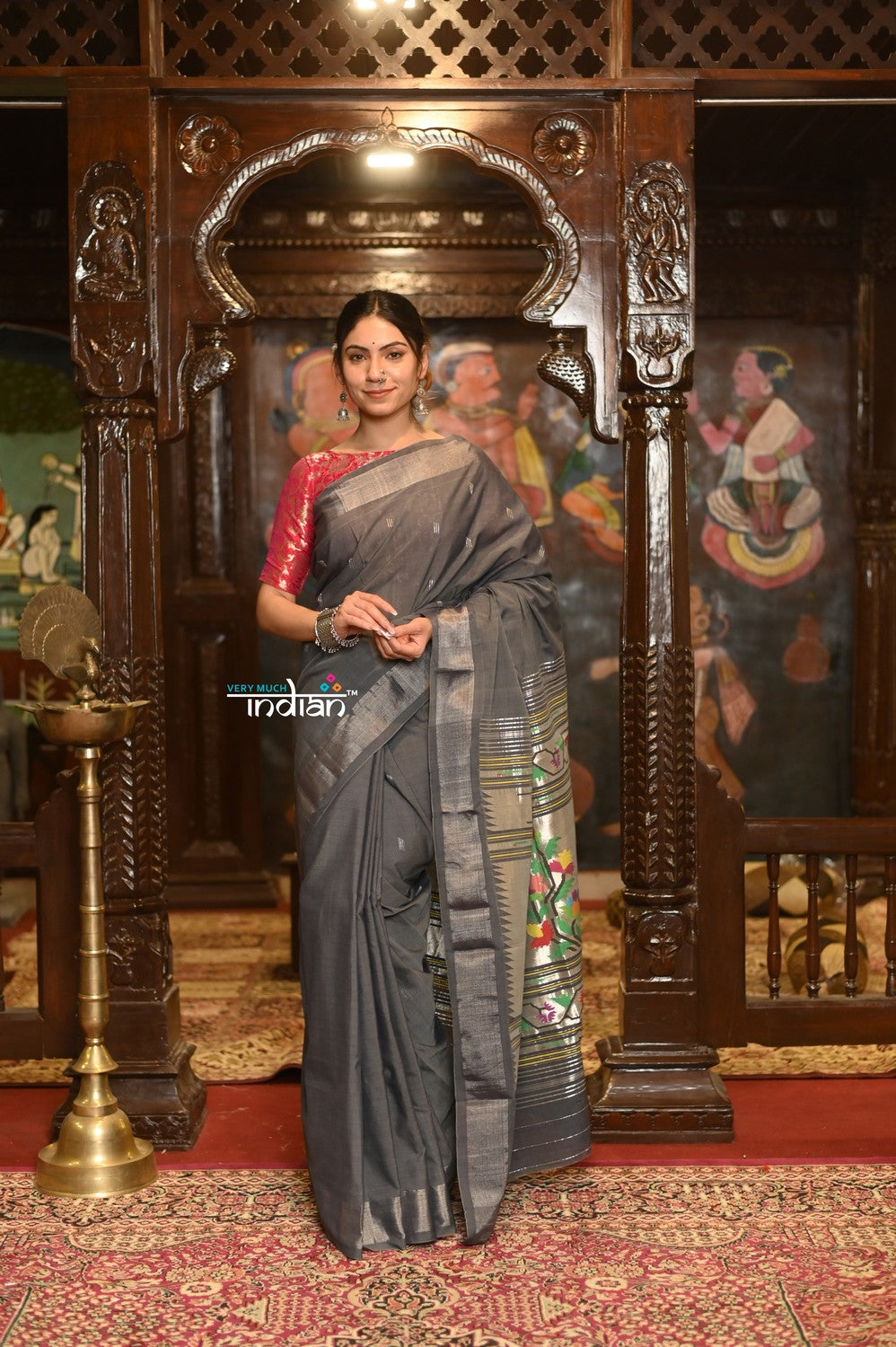 Very Much Indian Authentic Handloom Pure Cotton Paithani with Handcrafted Asawali Pallu - Grey Silver | Grocsy
