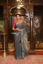 Very Much Indian Authentic Handloom Pure Cotton Paithani with Handcrafted Asawali Pallu - Grey Silver | Grocsy