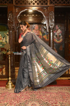 Very Much Indian Authentic Handloom Pure Cotton Paithani with Handcrafted Asawali Pallu - Grey Silver | Grocsy