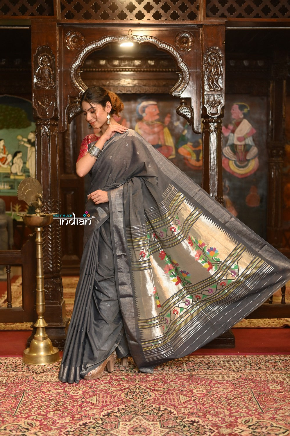 Very Much Indian Authentic Handloom Pure Cotton Paithani with Handcrafted Asawali Pallu - Grey Silver | Grocsy