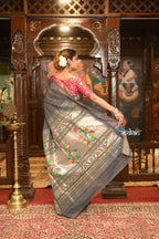 Very Much Indian Authentic Handloom Pure Cotton Paithani with Handcrafted Asawali Pallu - Grey Silver | Grocsy