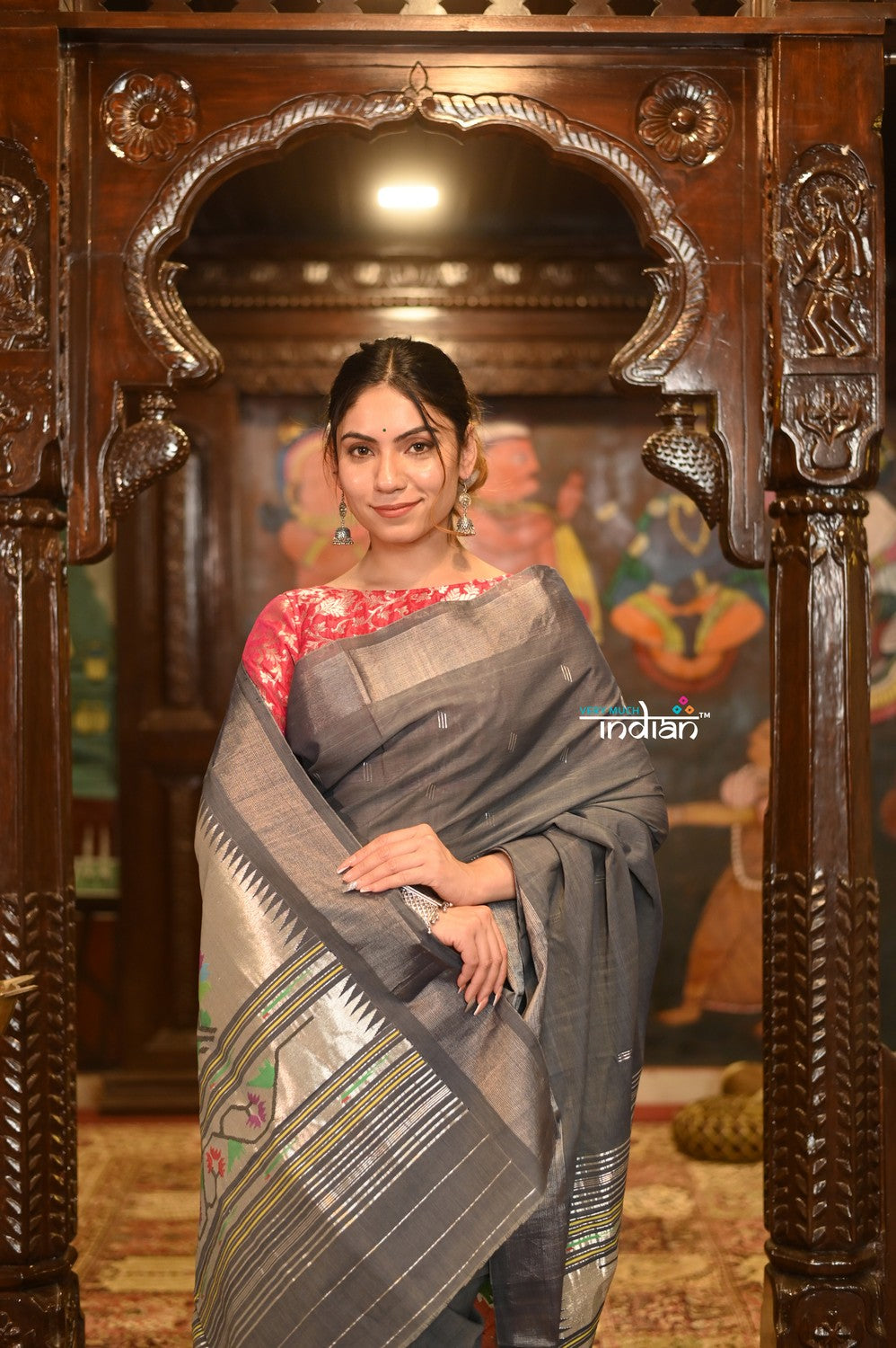 Very Much Indian Authentic Handloom Pure Cotton Paithani with Handcrafted Asawali Pallu - Grey Silver | Grocsy