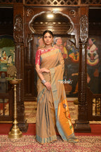 Very Much Indian Authentic Handloom Pure Cotton Paithani with Handcrafted Peacock Pallu - Powder Blue Gold | Grocsy