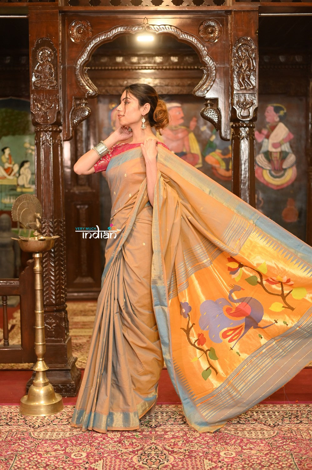 Very Much Indian Authentic Handloom Pure Cotton Paithani with Handcrafted Peacock Pallu - Powder Blue Gold | Grocsy