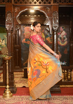 Very Much Indian Authentic Handloom Pure Cotton Paithani with Handcrafted Peacock Pallu - Powder Blue Gold | Grocsy