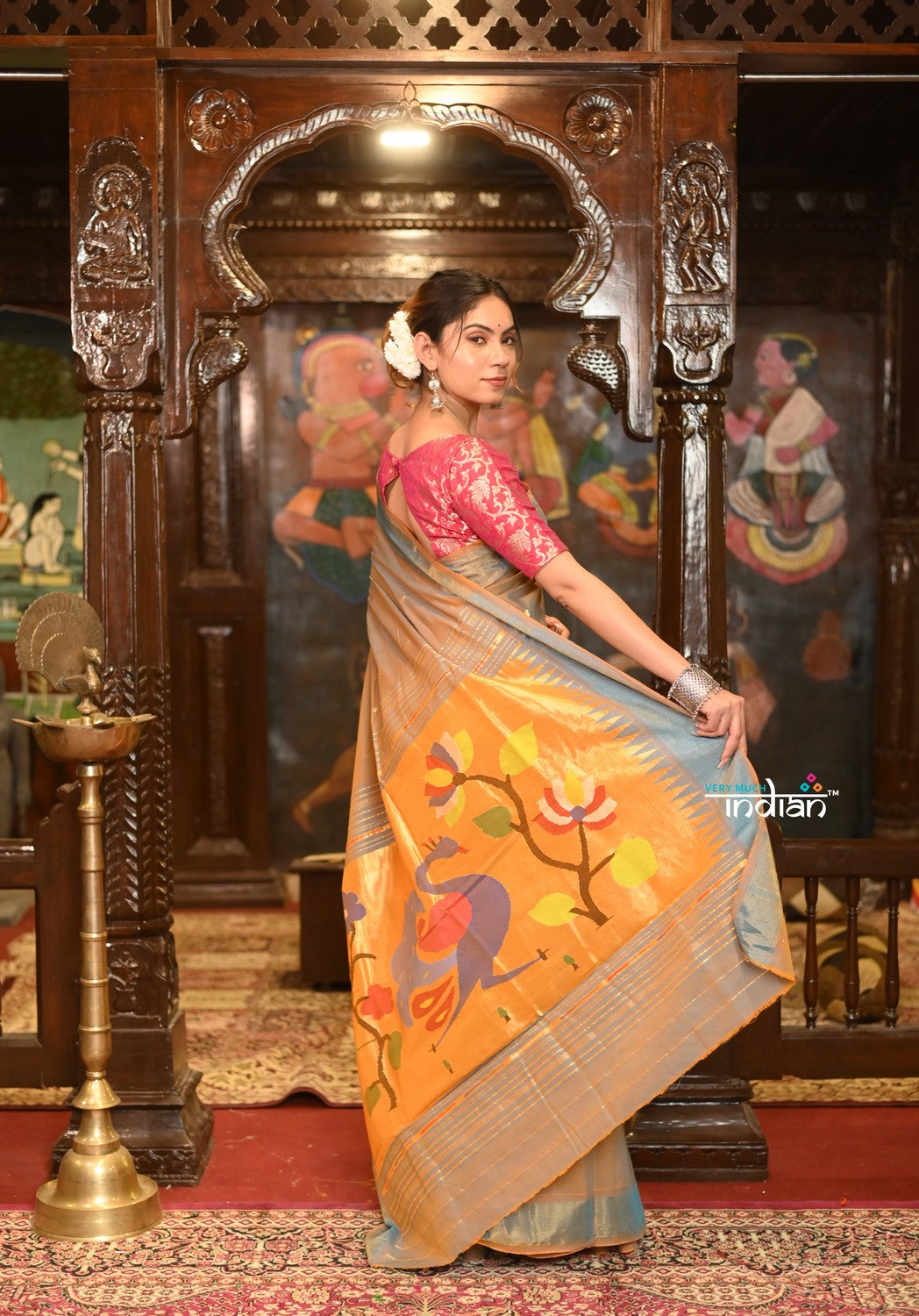 Very Much Indian Authentic Handloom Pure Cotton Paithani with Handcrafted Peacock Pallu - Powder Blue Gold | Grocsy