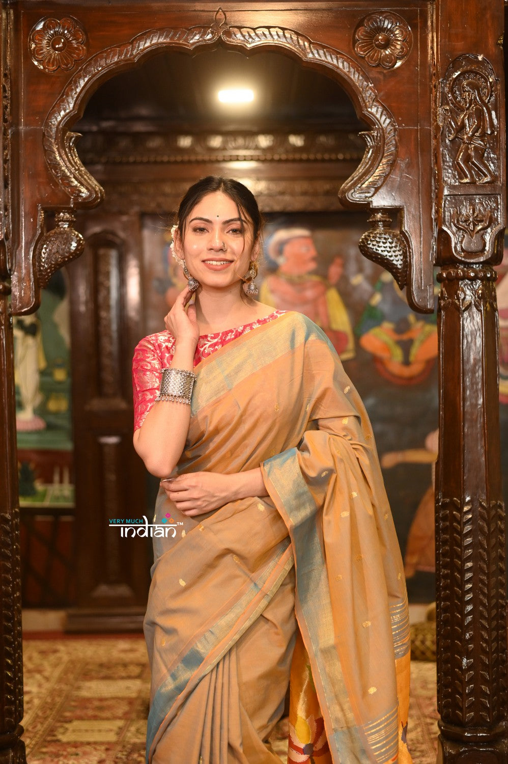Very Much Indian Authentic Handloom Pure Cotton Paithani with Handcrafted Peacock Pallu - Powder Blue Gold | Grocsy