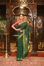 Very Much Indian Authentic Handloom Pure Cotton Paithani with Handcrafted Parrot Pallu - Forest Green | Grocsy