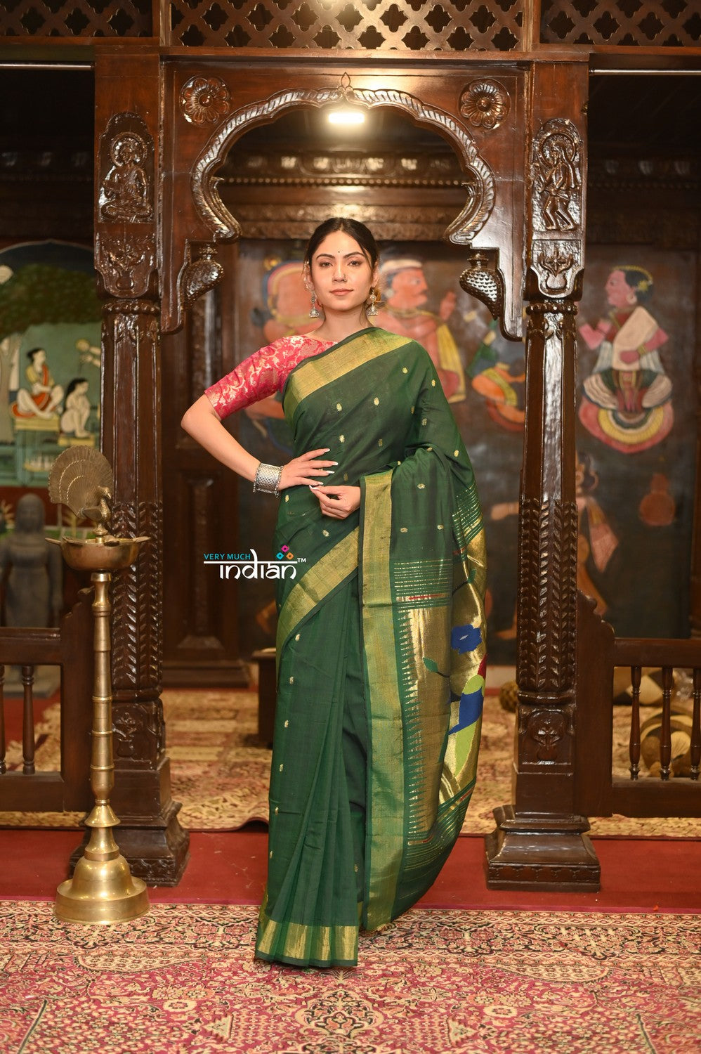 Very Much Indian Authentic Handloom Pure Cotton Paithani with Handcrafted Parrot Pallu - Forest Green | Grocsy