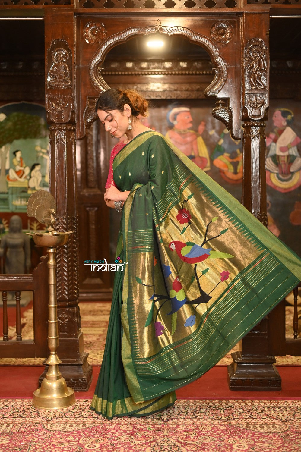 Very Much Indian Authentic Handloom Pure Cotton Paithani with Handcrafted Parrot Pallu - Forest Green | Grocsy