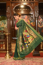 Very Much Indian Authentic Handloom Pure Cotton Paithani with Handcrafted Parrot Pallu - Forest Green | Grocsy