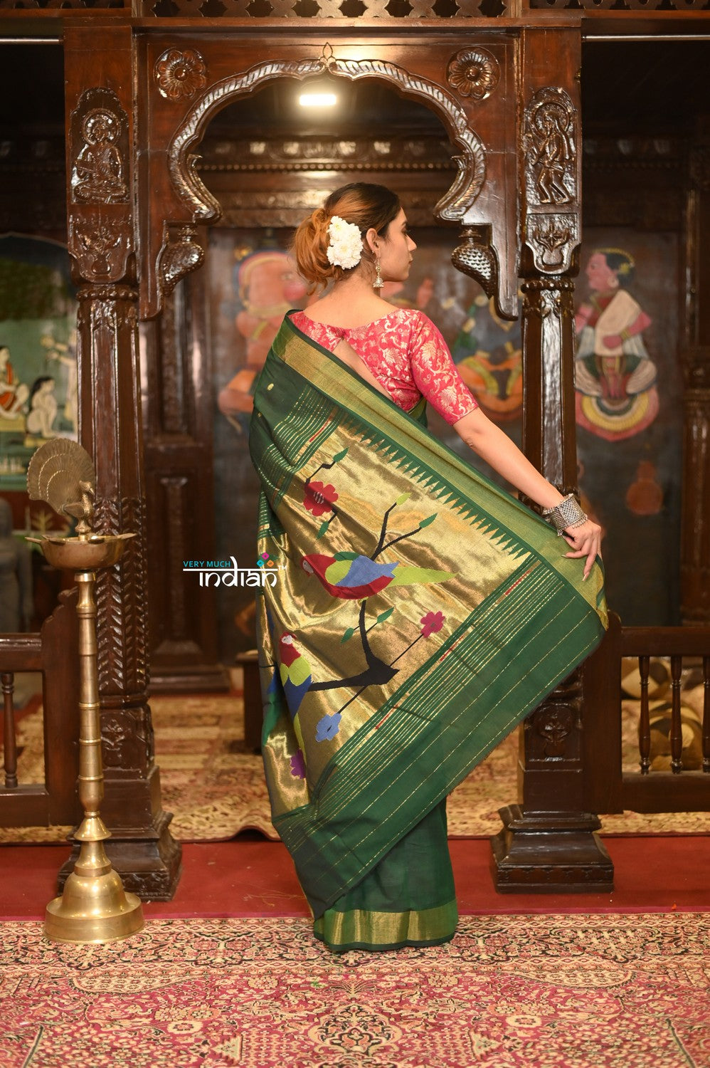 Very Much Indian Authentic Handloom Pure Cotton Paithani with Handcrafted Parrot Pallu - Forest Green | Grocsy