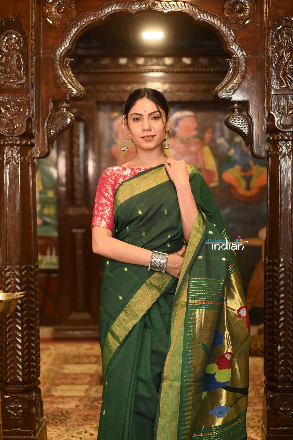 Very Much Indian Authentic Handloom Pure Cotton Paithani with Handcrafted Parrot Pallu - Forest Green | Grocsy