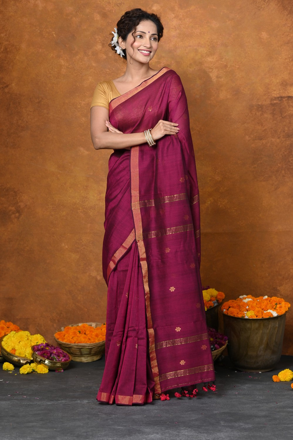 Very Much Indian Designed by VMI - High Quality Mul Cotton Handloom Woven with Sleek Border and Flower Buttis - Magenta Pink | Grocsy
