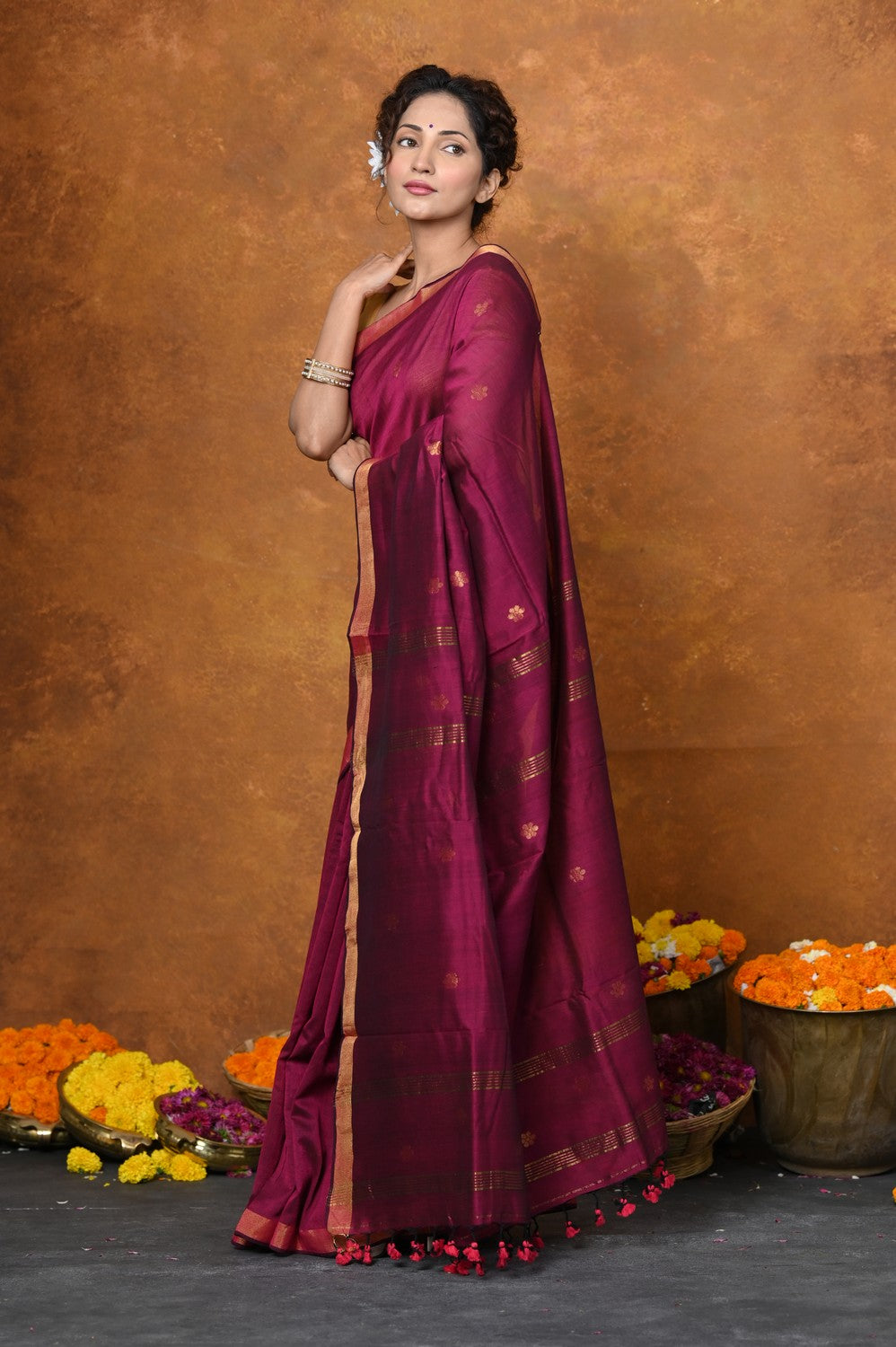 Very Much Indian Designed by VMI - High Quality Mul Cotton Handloom Woven with Sleek Border and Flower Buttis - Magenta Pink | Grocsy