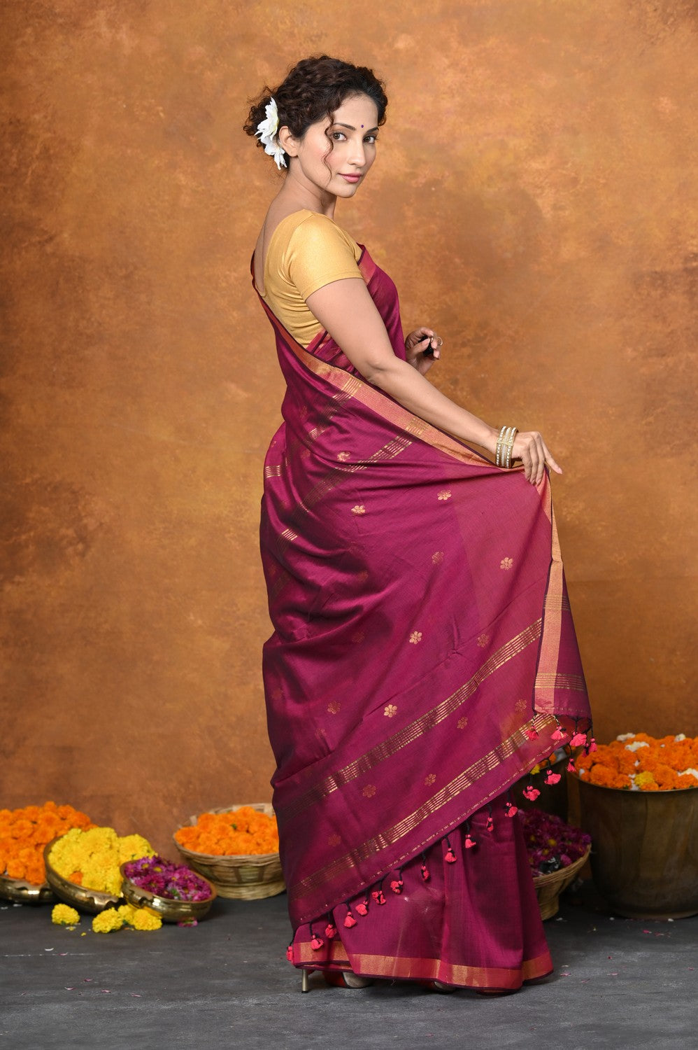 Very Much Indian Designed by VMI - High Quality Mul Cotton Handloom Woven with Sleek Border and Flower Buttis - Magenta Pink | Grocsy
