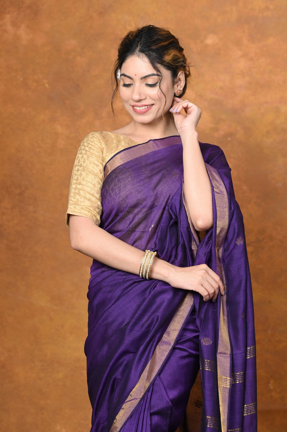Very Much Indian Designed by VMI - High Quality Mul Cotton Handloom Woven with Sleek Border and Flower Buttis - Violet | Grocsy