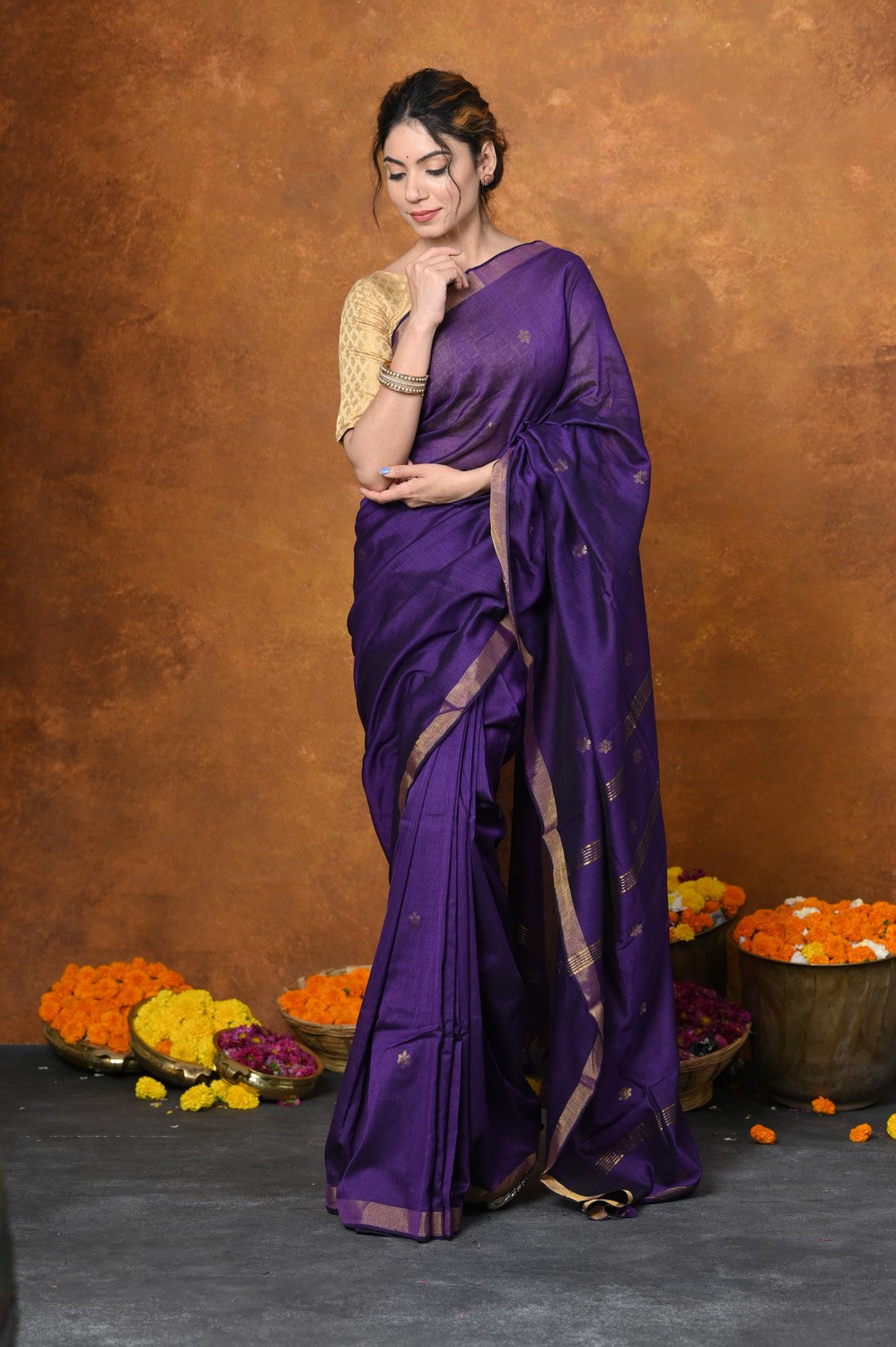 Very Much Indian Designed by VMI - High Quality Mul Cotton Handloom Woven with Sleek Border and Flower Buttis - Violet | Grocsy