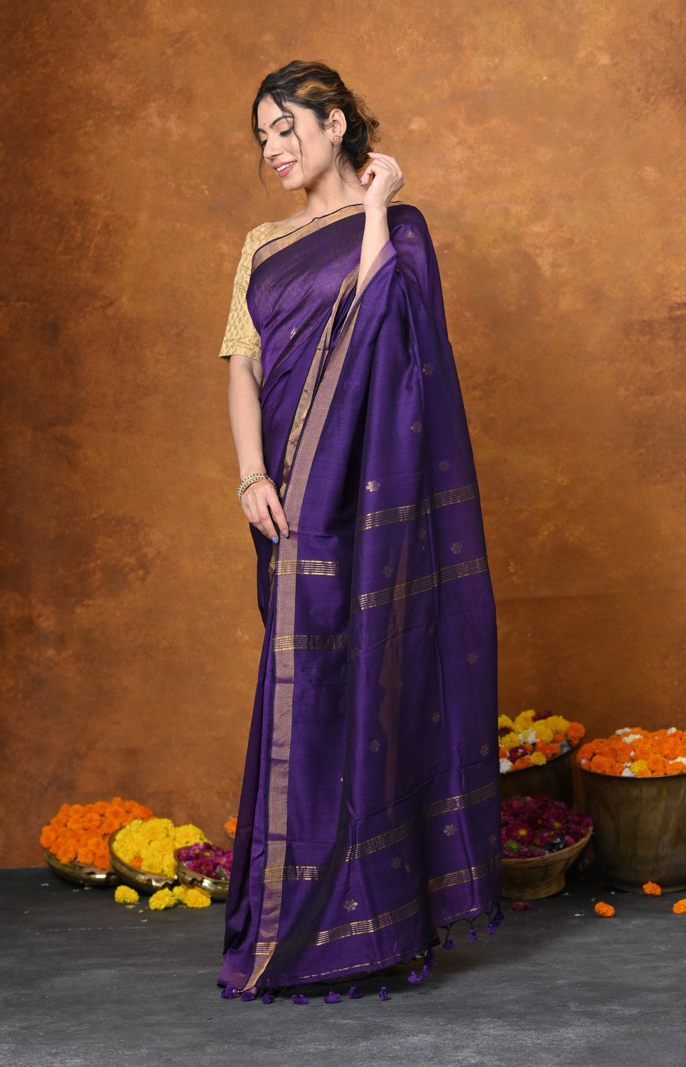Very Much Indian Designed by VMI - High Quality Mul Cotton Handloom Woven with Sleek Border and Flower Buttis - Violet | Grocsy