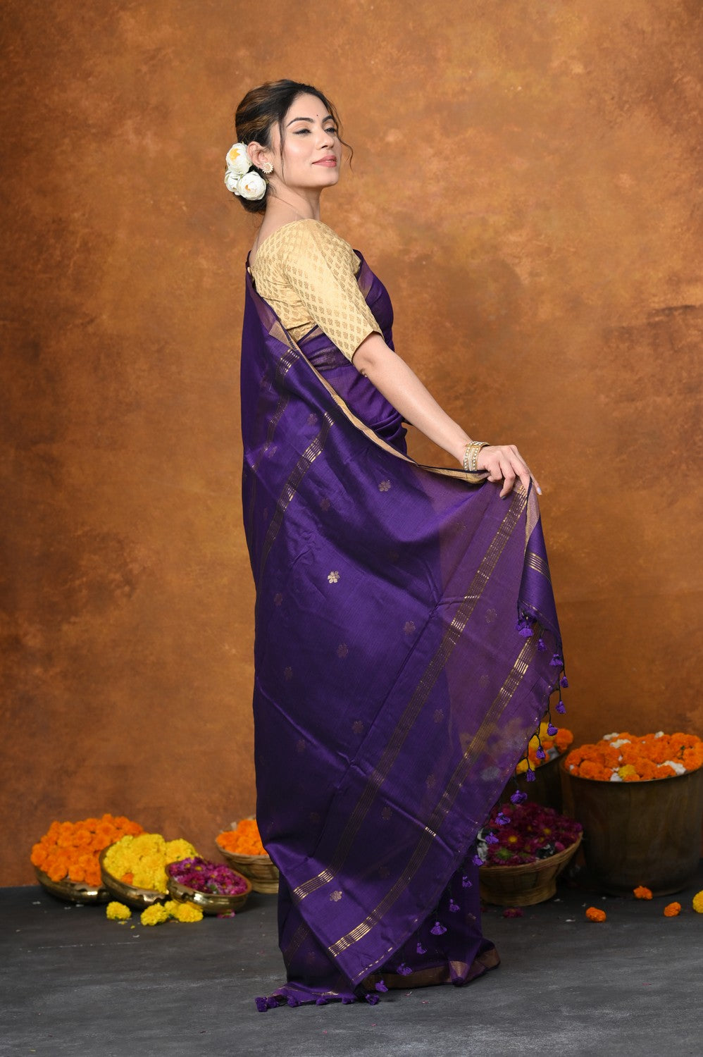 Very Much Indian Designed by VMI - High Quality Mul Cotton Handloom Woven with Sleek Border and Flower Buttis - Violet | Grocsy