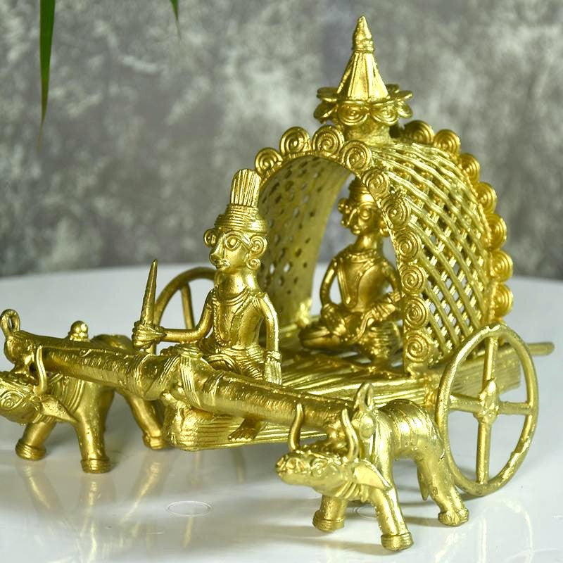 Sowpeace Handmade Dhokra Large Dhokra Craft / Cow Cart Brass Decor tabletop showpiece/figurine made of brass, by artisans, for home decoration and gifting (24cm, large, gold) | Grocsy