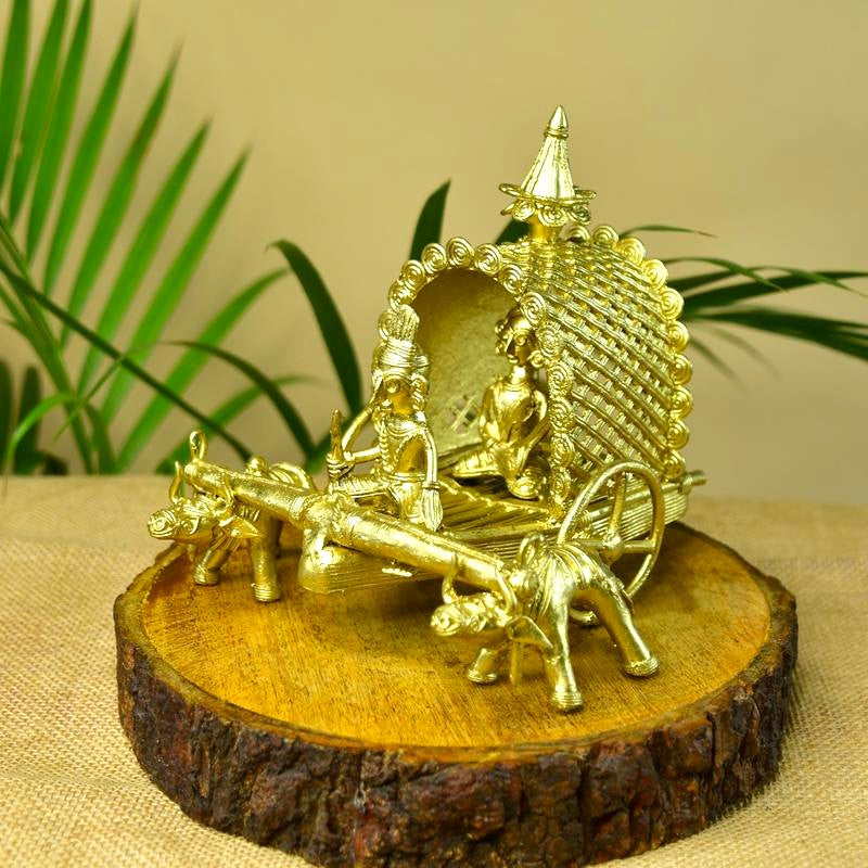 Sowpeace Handmade Dhokra Large Dhokra Craft / Cow Cart Brass Decor tabletop showpiece/figurine made of brass, by artisans, for home decoration and gifting (24cm, large, gold) | Grocsy