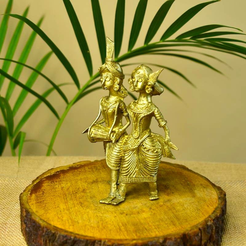 Sowpeace Artisanal Brass Dhokra Sculpture: Tribal Couple with Dhol | Grocsy