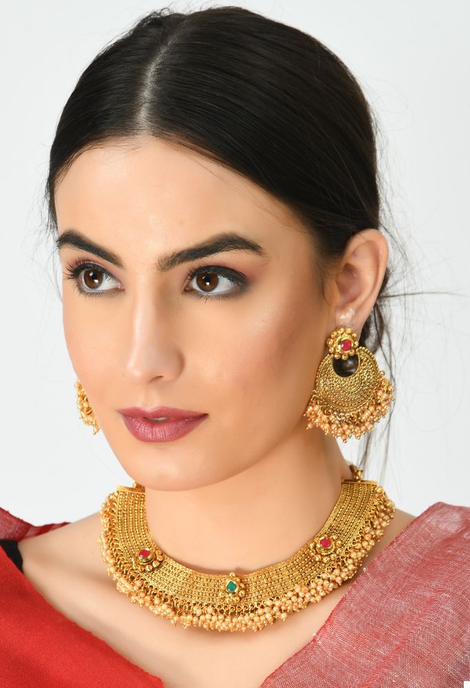 Mominos Fashion Johar Kamal Gold-Polished Brass Finish Stone/Beads Choker For Women (Golden) | Grocsy