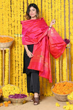 Very Much Indian Rajsi - Handloom Pure Silk Paithani Dupatta With Beautiful Zari Work and Handwoven Buttis - Pink | Grocsy