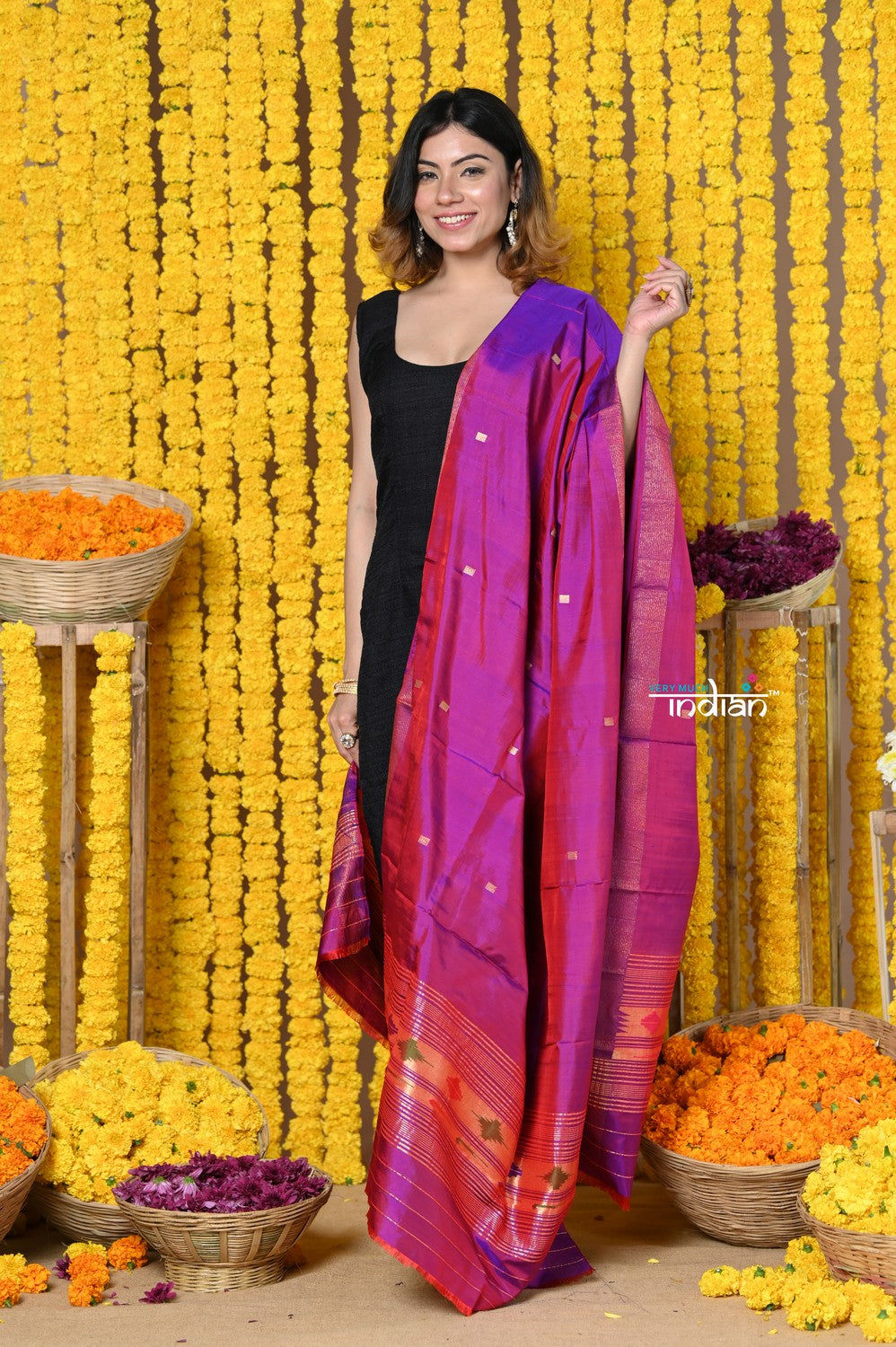 Very Much Indian Rajsi - Handloom Pure Silk Paithani Dupatta With Beautiful Zari Work and Handwoven Buttis - Starlight Violet | Grocsy