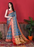 Lorenvalley Fashion Soft Paithani Silk Saree With Patola Print And Contrast Border & Printed Blouse - Mutlicolor | Grocsy