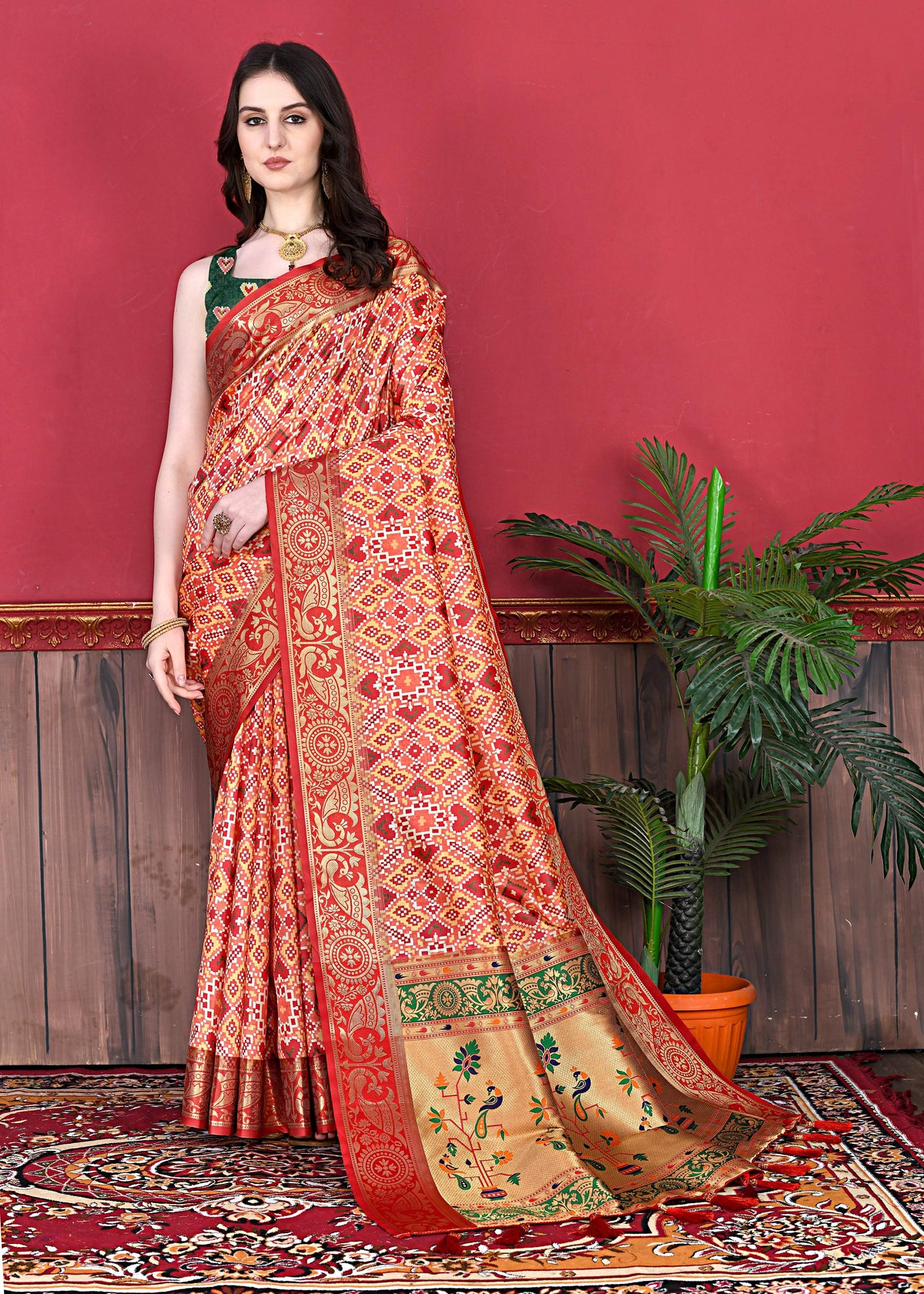Lorenvalley Fashion Soft Paithani Silk Saree With Patola Print And Contrast Border & Printed Blouse - Mutlicolor | Grocsy
