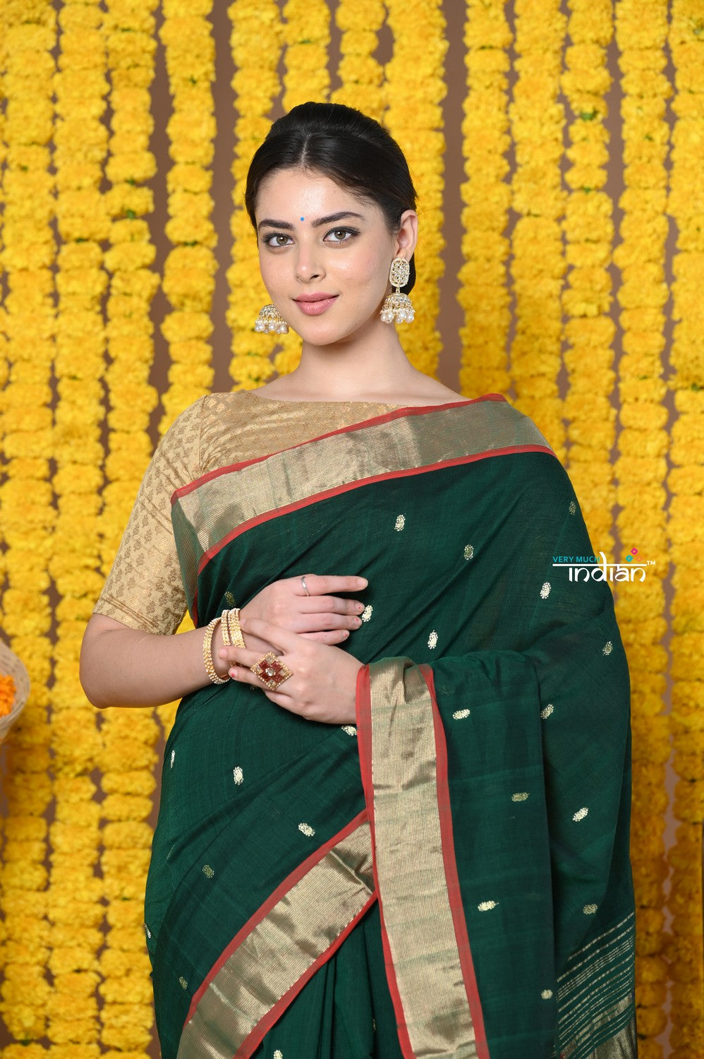 Very Much Indian Rajsi - Handloom Pure Cotton Paithani With Peacock Pallu - Dark Green | Grocsy